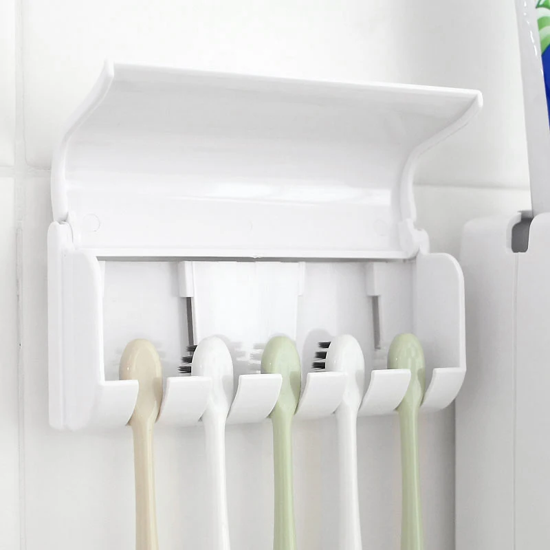 HLZS-OLET 1 Set Creative Automatic Toothpaste Dispenser with Toothbrush Holder Bathroom Water Resistant Sticky Toothpaste Squeez