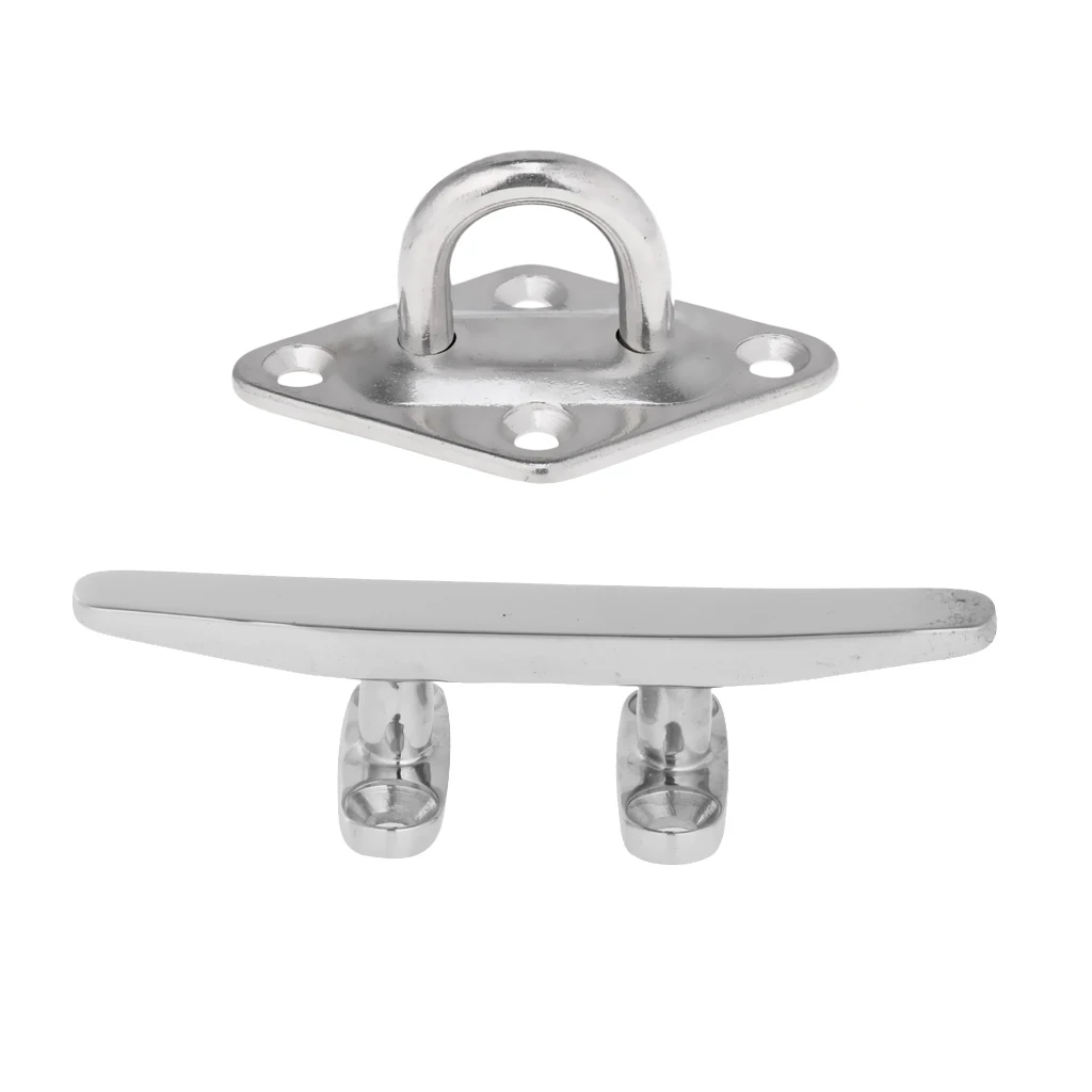100mm 316 Stainless Steel Marine Boat Deck Line Cleat+ 6mm Diamond 4 Hole Eye Plate