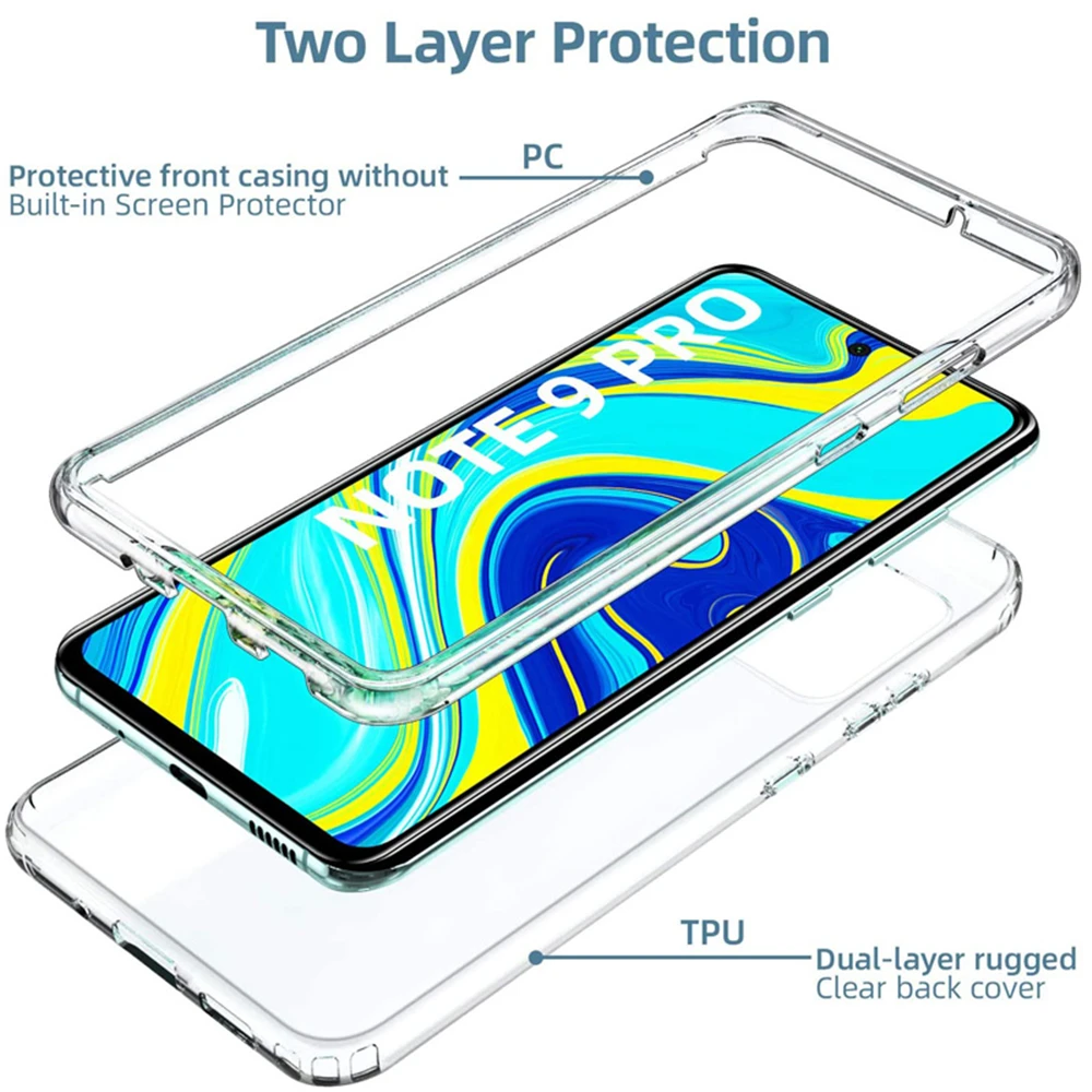 360 Degree Phone Case For Xiaomi Redmi Note 10 9S 9 Pro Max 5G 9A 9C 8 8 8A 8T 9T 7A 5A 5 Plus 6A 6 7 Full Body 2IN1Clear Cover