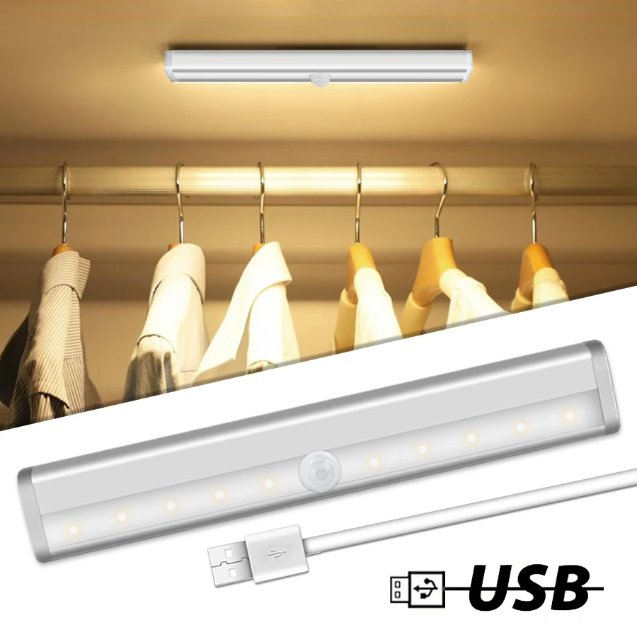 10led USB Rechargeable Under Cabinet Light LED PIR Motion Sensor Lamp Smart Stick-on Cupboard Closet Bedroom Kitchen Night | Лампы и
