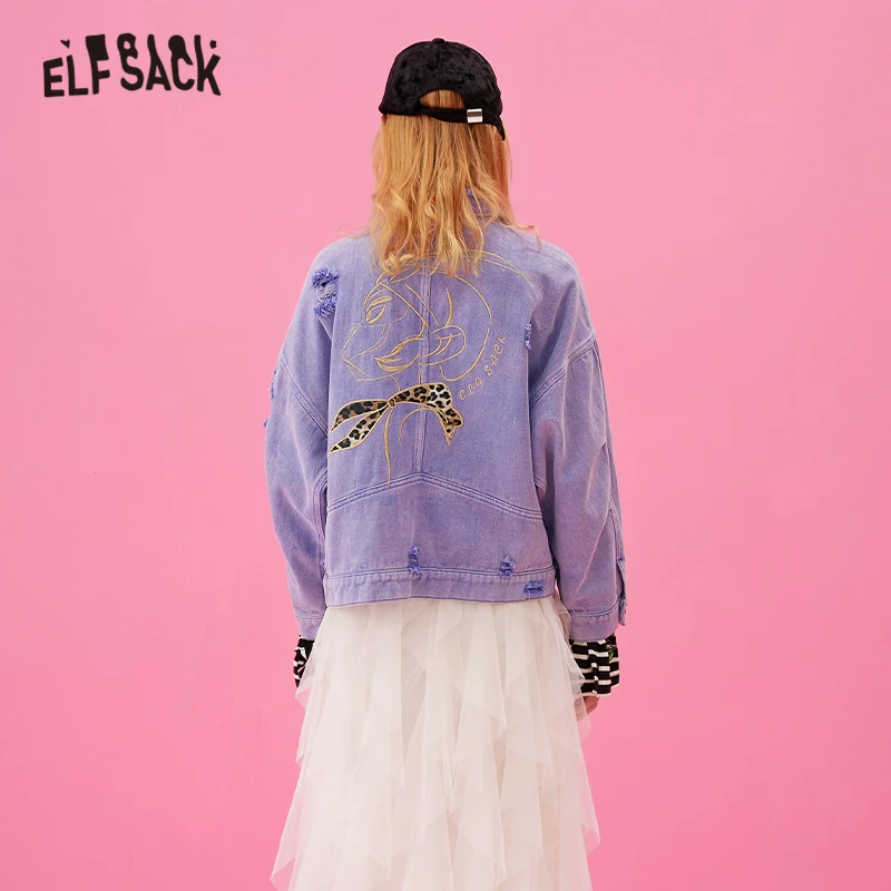 ELFSACK на пуговицах, с передним карманом, с рваной вышивкой, Повседневная джинсовая куртка, Женское пальто, осень, фиолетовая уличная одежда, женская верхняя одежда