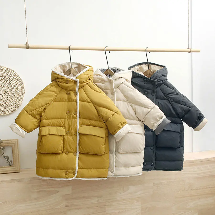 New Vintage White Duck Down Jacket For Girls 3-9 Years Fashion Beige Solid Outerwear Kids High Street Winter Long Coat Boys