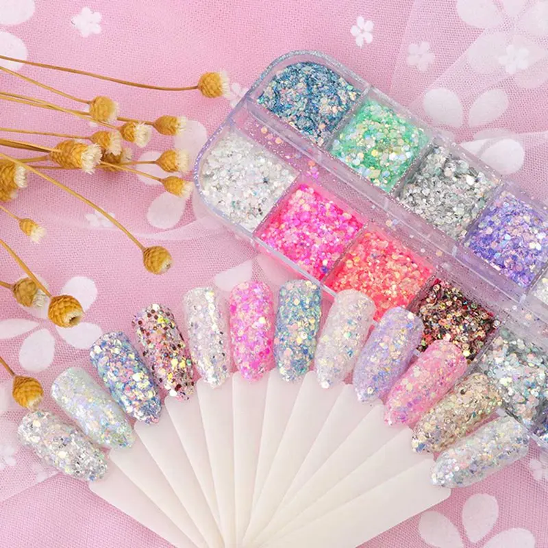 

12 Grids Laser Mixed Powder Dust Nail Polish Flakes Sequins 3D Mermaid Hexagon Ultra-thin Slices for Nail Art Manicure Set