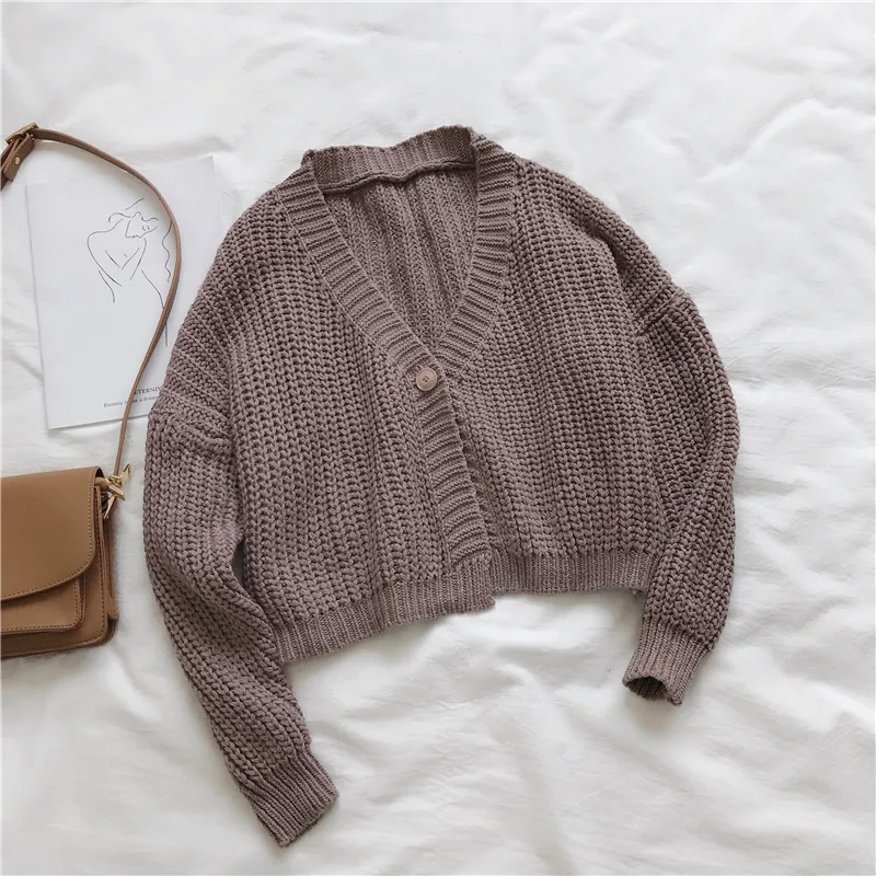 Женский кардиган с v-образным вырезом, короткий, на осень и весну, на одной пуговице, с длинным рукавом, модный, ленивый ветер, женские маленькие свитера, женский укороченный топ