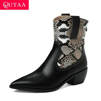

QUTAA 2021 Autumn Winter Pointed Toe Short Boots Snakeskin PU Fashion Ankle Boots Square Heel Zipper Women Shoes Big Size 34-43