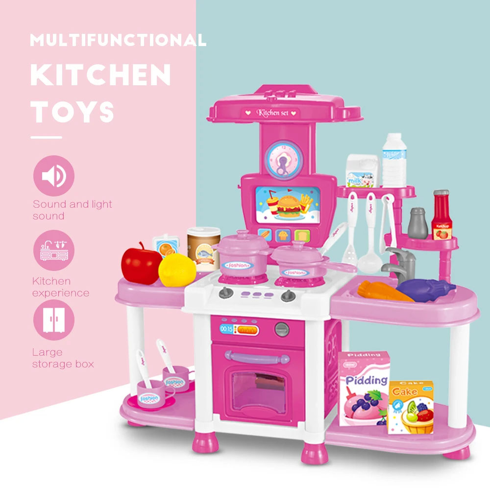 Kitchen Toys With Sound And Light Cutting Cooking Food Sets Vegetables Fruits Pretend Play Kitchen Kits Toy For Children