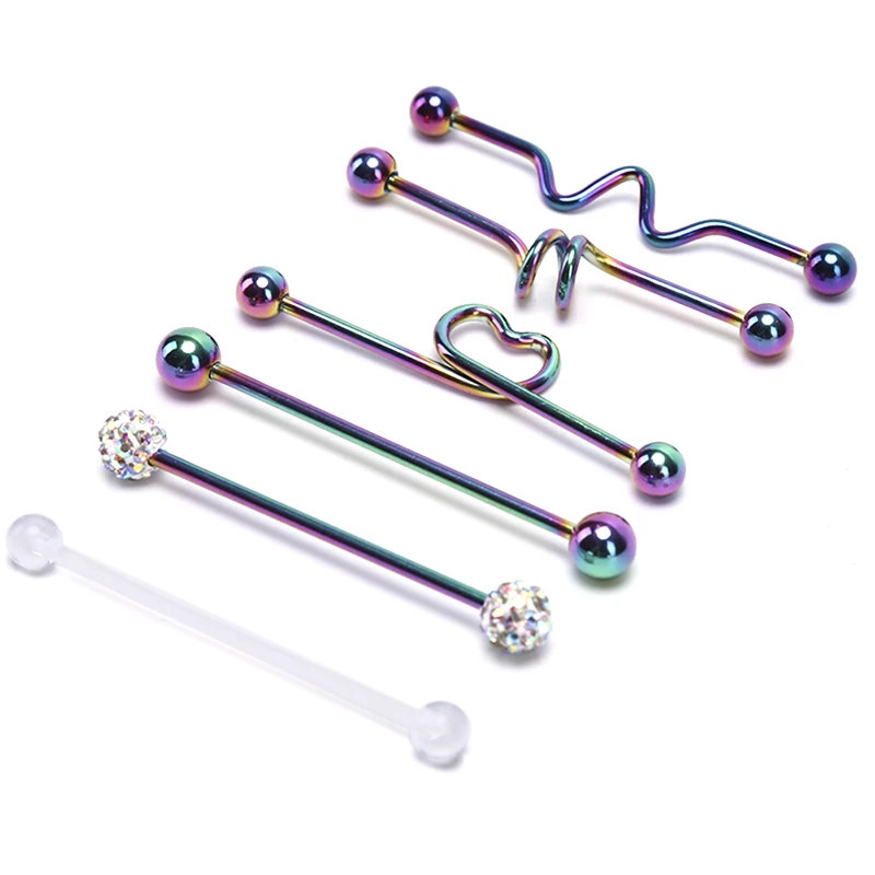 6Pcs/Set Hot New Fashion Industrial Barbell Earrings Heart Arrow Rainbow Ear Cartilage Helix-Conch Piercing Jewelry