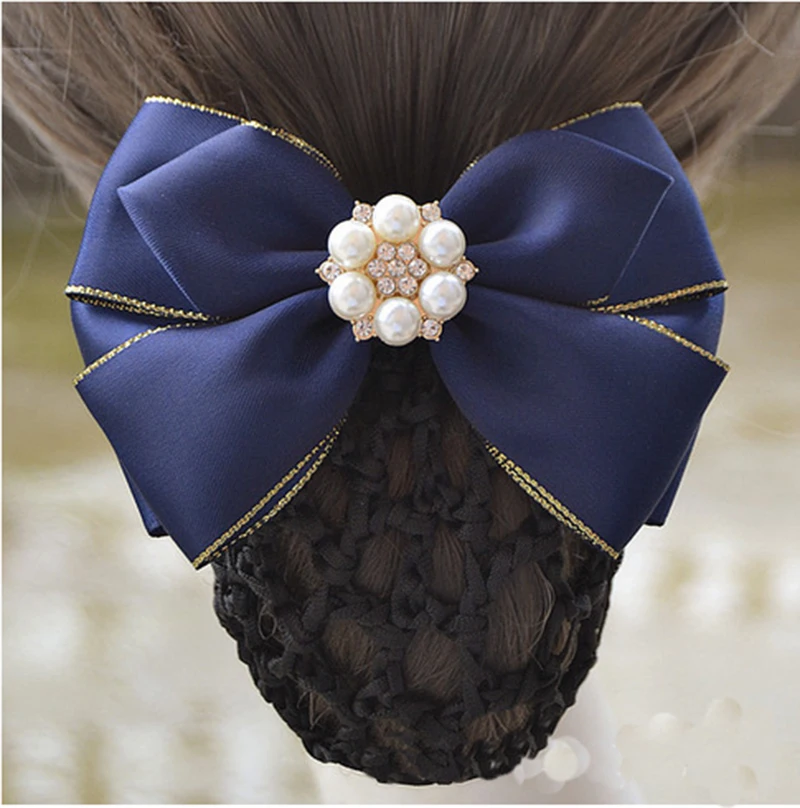Fashion Handmade Office Lady Bow Tie Barrette Hair Clip Cover Bowknot Net Bun Snood Hair Accestory