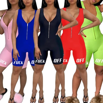 

Summer women clothes sexy letter print zipper V-neck Playsuits sleeveless casual sports ployester Romper one pieces