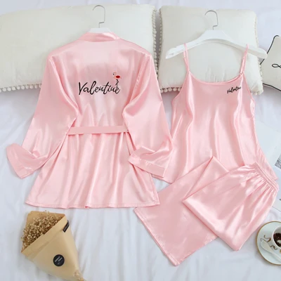 Fiklyc нижнее белье из трех частей женские атласные милые и сексуальные пижамы с длинными рукавами наборы тонкий дизайн женская ночная рубашка пижамы - Цвет: light pink set
