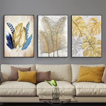 

Abstract Modern Gold Feather Monstera Leaf Poster Wall Art Picture Posters And Prints Canvas Painting Nordic Home Decoration