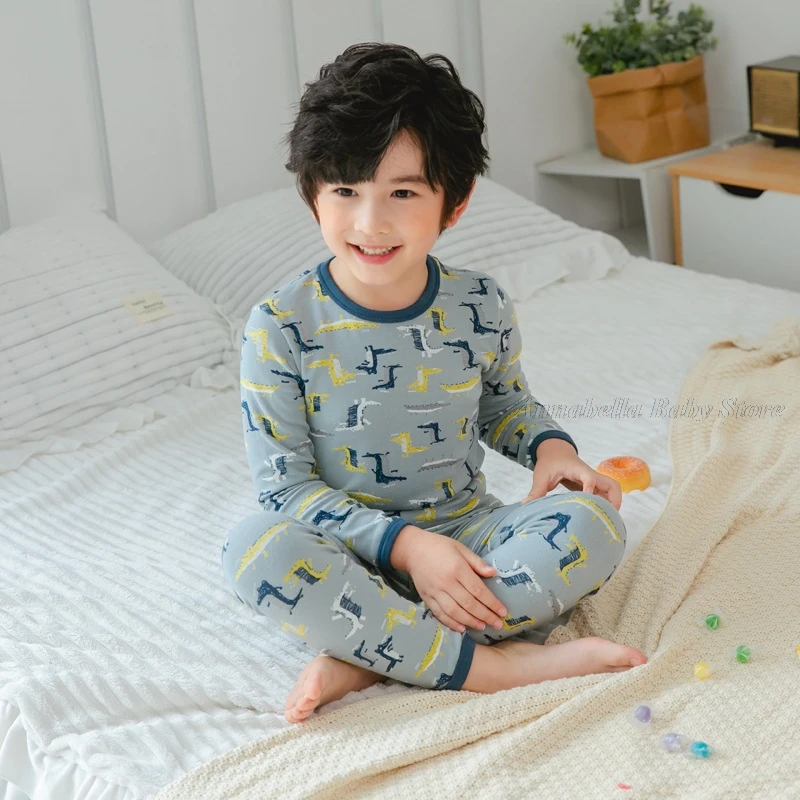 100% Cotton Dinosaur Pajamas for Boys 2-14Y Teen Kids Sleepwear Grey Navy Blue Striped Pijamas Set Winter Child Girls Pyjamas elegant pajama sets