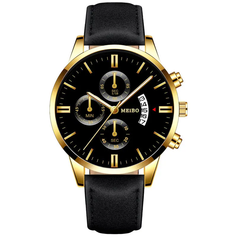 GoldBlack Классический дизайн три глаза мужские часы Бизнес Кварцевые Ретро дизайн часы кожаный ремешок мужские наручные часы подарок Relogio Masculino - Цвет: GoldBlack