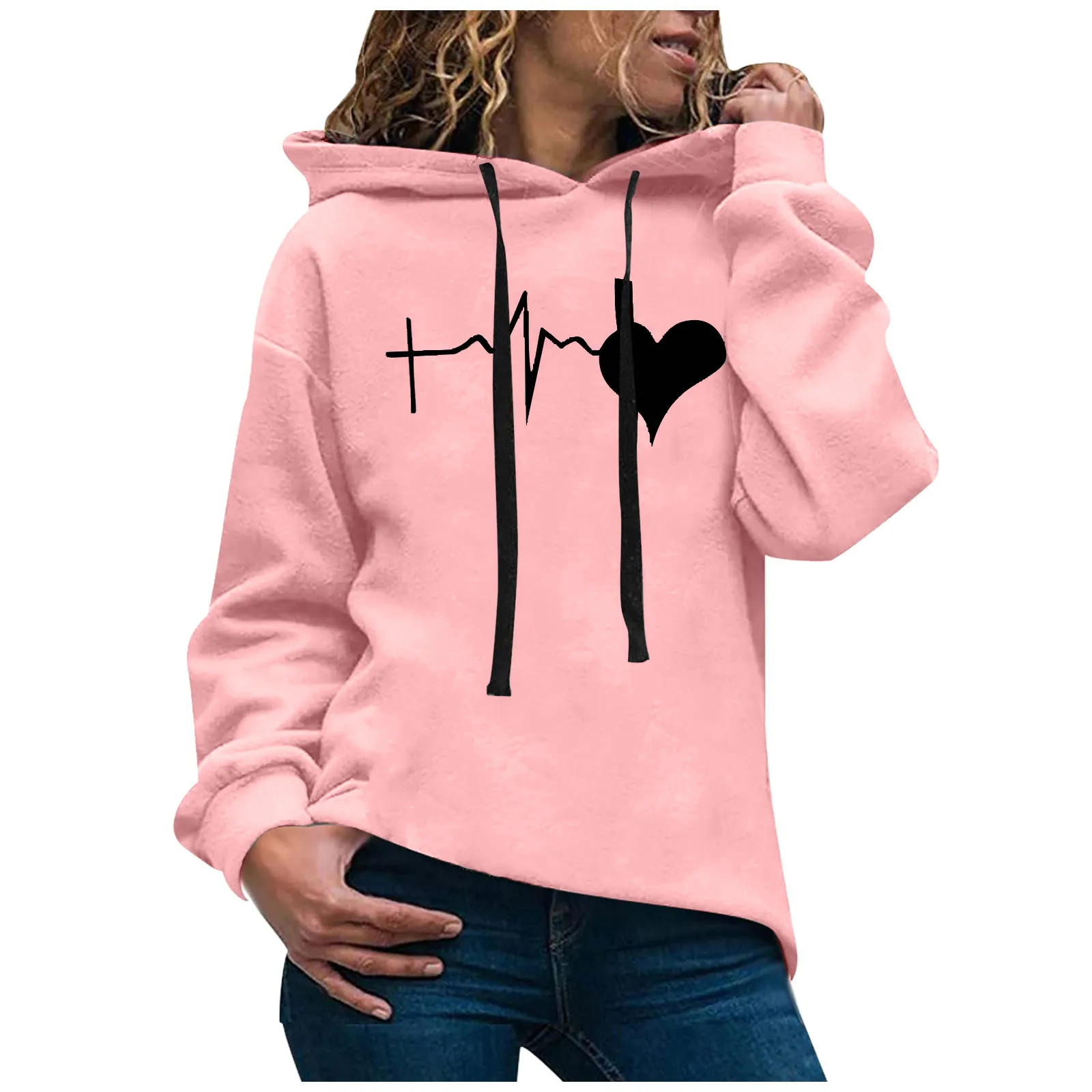 Harajuku Heart Print Hoodies Women Oversized Long-sleeved Drawstring Pullovers Top Autumn Casual Hooded Sweatshirts Sudadera 2
