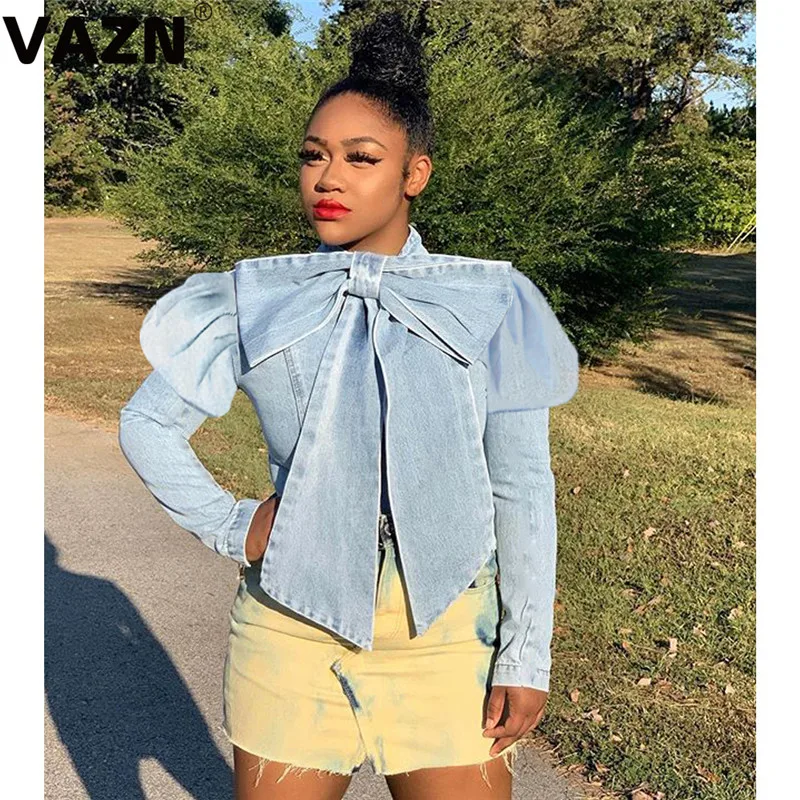 light blue VAZN светильник, синий бант, формальная джинсовая продукция,, v-образный вырез, одноцветная футболка, Офисная футболка с длинным рукавом, футболка для ночного клуба - Цвет: light blue
