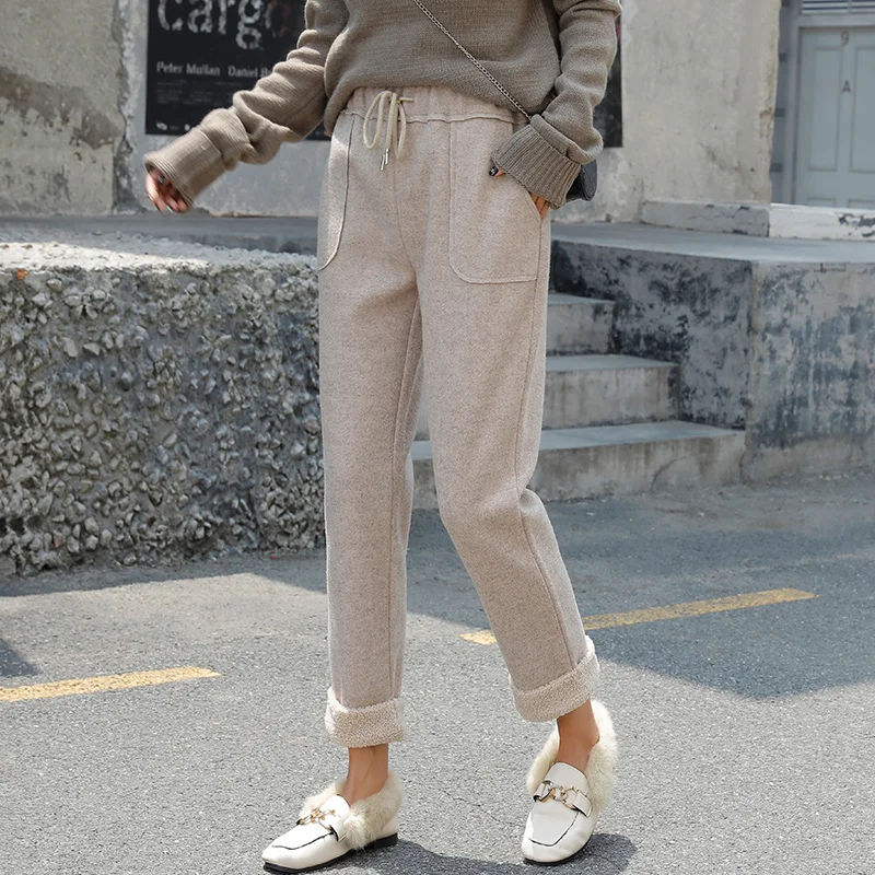Women Wool Pant New Fashion Female Soild Thick Warm High Waist Woolen Harem Casual Pencil Trousers 2019 Autumn Winter | Женская одежда
