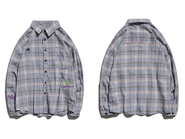 Aelfric Eden Cartoon Plaid Men Shirts Fashion Harajuku Tops Hip Hop Casual Cotton Oversized Male Long Sleeve Streetwear Outwear - Color: Blue