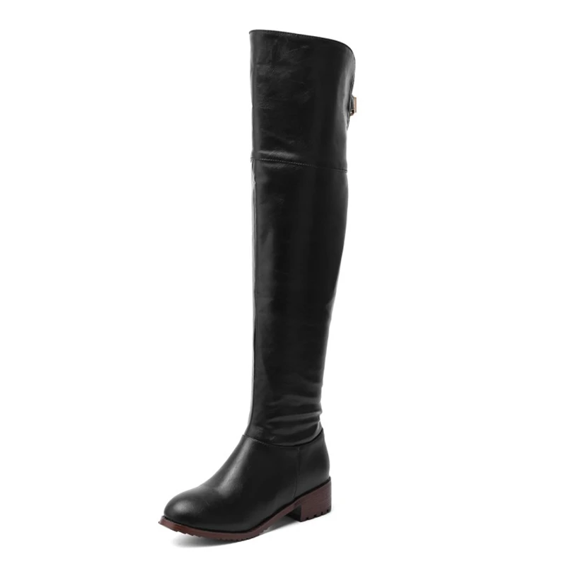 Black REAVE CAT/новые женские Кожаные Сапоги выше колена узкие высокие сапоги на низком каблуке женская зимняя теплая обувь черного и коричневого цвета высокое качество - Цвет: Black