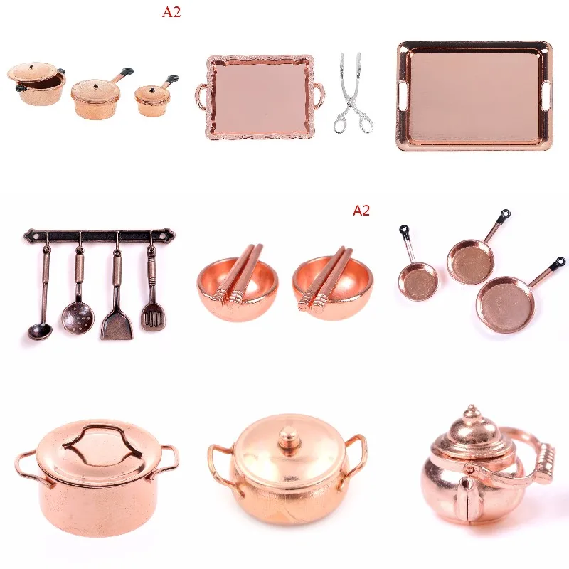 1:12 Scale Dollhouse Miniature Bronze Color Frying Pan Cooking Pot Kettle Cookware Kitchen Cooking Kit Dolls Accessories doll accessories