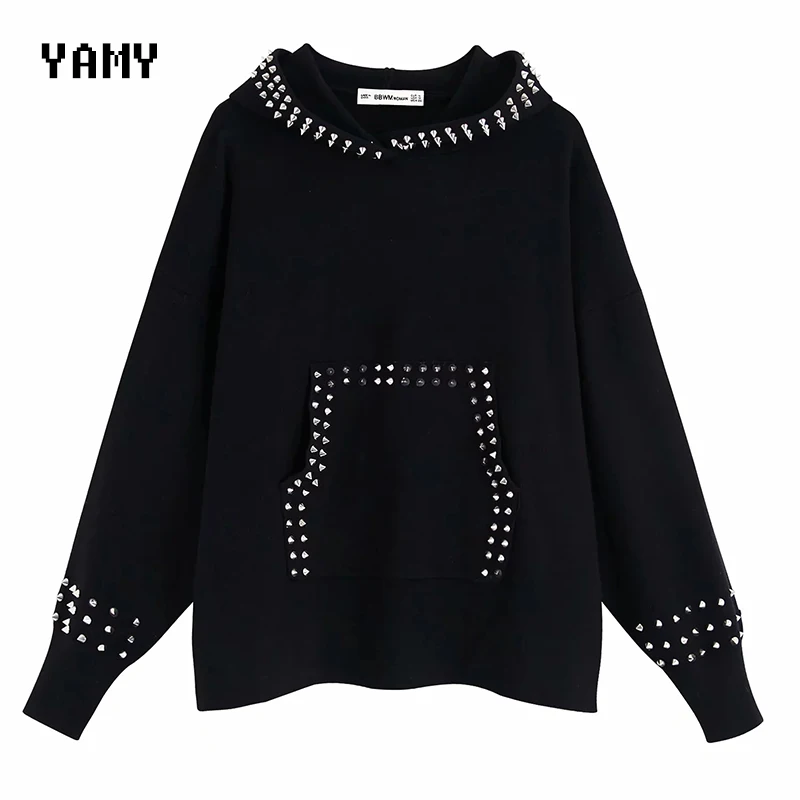 Женская зимняя толстовка с заклепками модные вязанные пуловеры капюшоном zora vicky