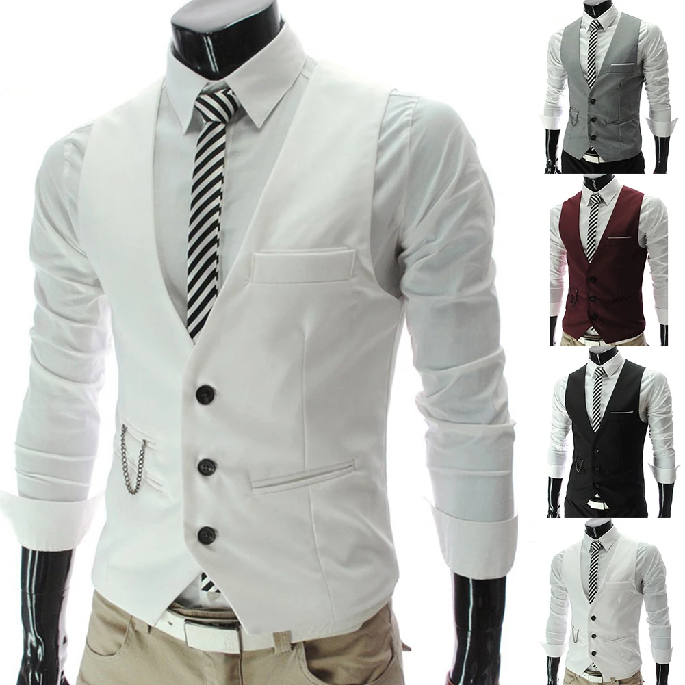 Fashion Men Waistcoat Vest Solid Color V Neck Sleeveless Buttons Blazer Plus Size Formal Business Jacket chalecos para hombre