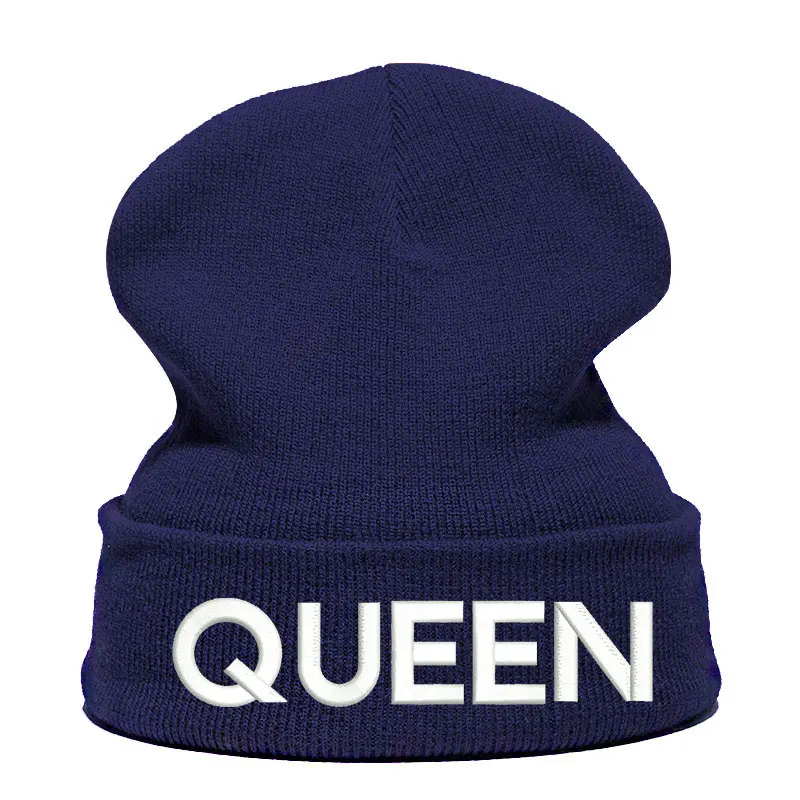 Шапка с принтом queen шапка Skullie шапка, вязаная шапка-носок зимняя Осенняя вязаная вышивка Кепка в стиле хип-хоп Мужская и женская Подростковая Кепка для уличных танцев черная
