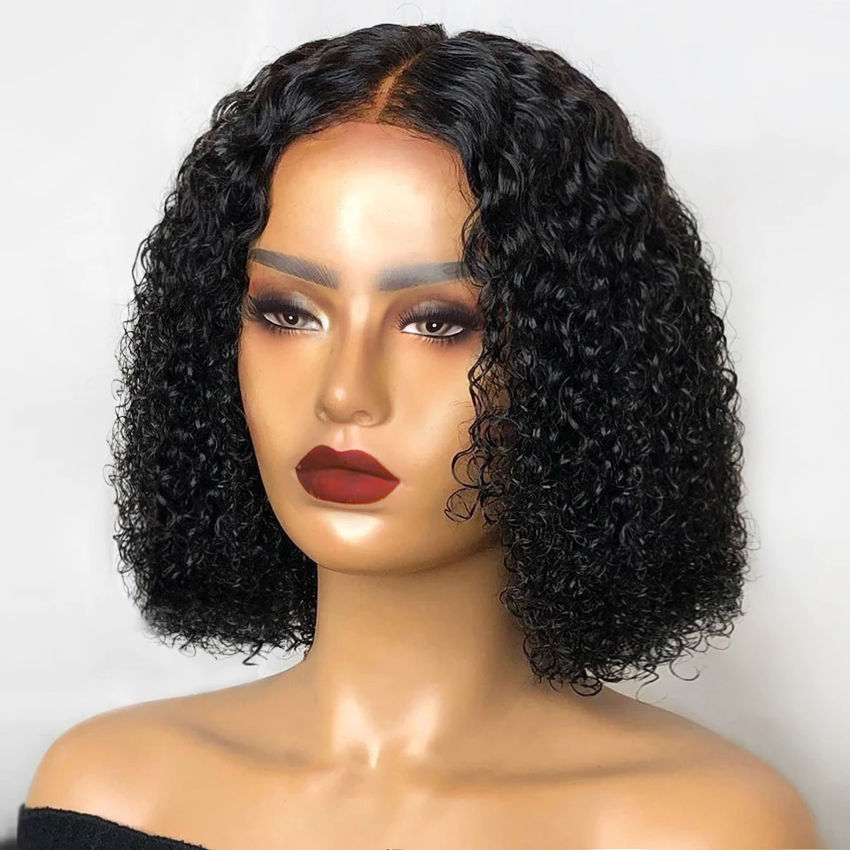 Aircabin Kinky Curly Human Hair Short Bob Wigs Pre Plucked Indian Hair T Part Lace Curly Bob Human Wigs For Women
