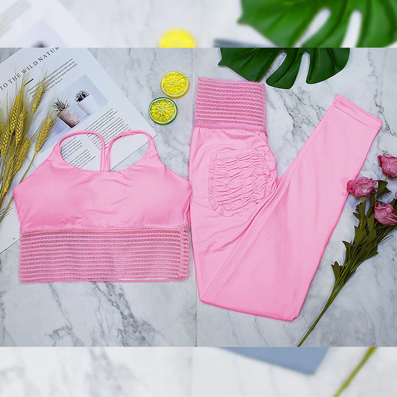 2pcs set pink Комплект из 2 частей пикантные однотонные спортивный бюстгальтер и леггинсы Для женщин тренажерный зал комплект Костюмы тренировки Фитнес Спортивная Фитнес топ для бега, спортивный костюм - Цвет: 2pcs set pink