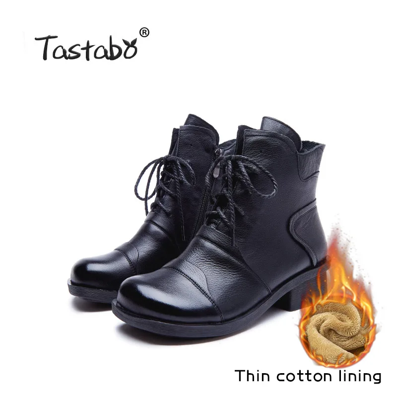 Black-winter Tastabo женские ботильоны из натуральной кожи повседневные женские ботинки цвета хаки, черного, красного, винного цветов удобная мягкая подошва в стиле ретро, S88205 - Цвет: Black-winter