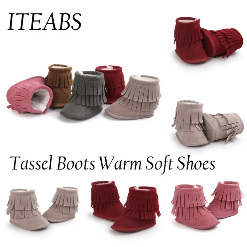 Для детей от 3 до 11 лет, M, зимняя одежда для малышей для девочек Теплые младенческие сапоги для снега мягкая подошва кроватки обувь из материала на основе хлопка модная женская обувь с бахромой, чтобы наушники не выскальзывали детские сапоги для детей, начинающих ходить