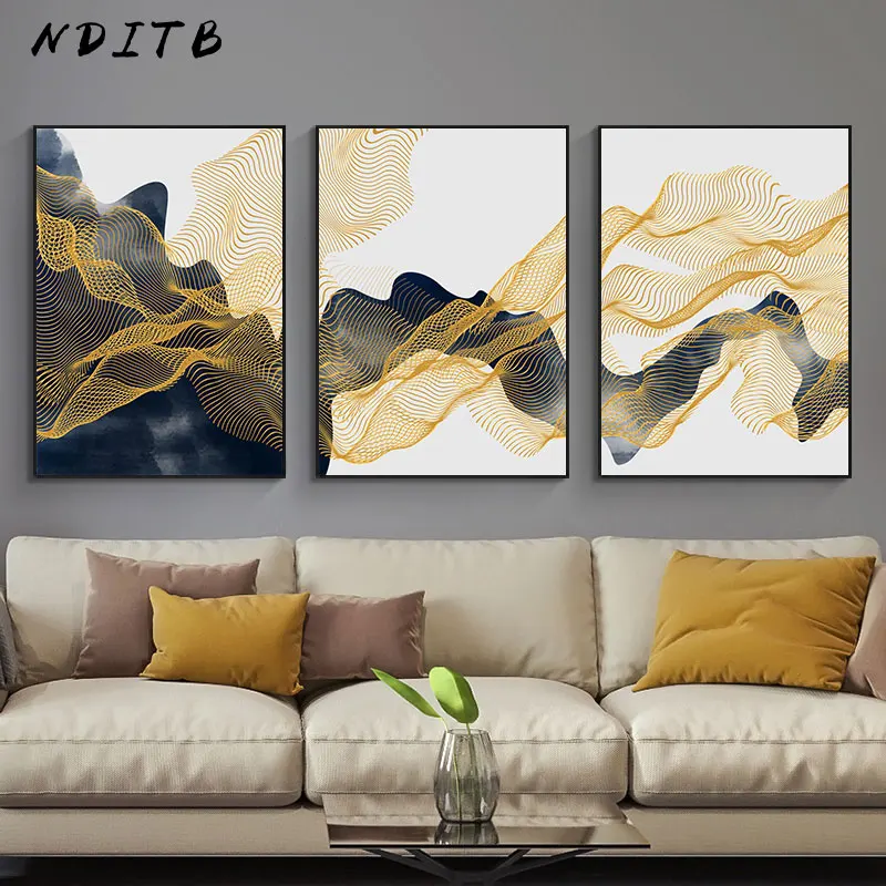 Абстрактная живопись Золотая линия скандинавский настенный постер на холсте
