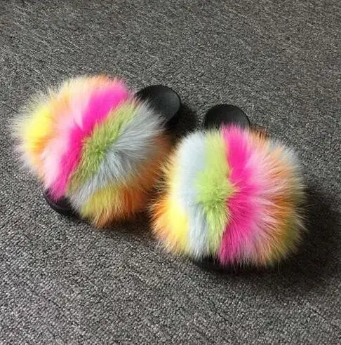 slippers Женские тапочки из натурального Лисьего меха; ПВХ; сумка через плечо ярких цветов; Радужная сумочка; разноцветные прозрачные сумки через плечо; женские меховые шлепанцы - Цвет: slippers