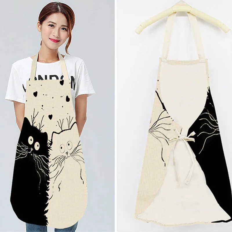 VIERUODIS Kitchen Cooking Apron Cute Cartoon Cat Printed Sleeveless Funny Cotton Linen Apron Man Woman Baking Clean Home Tools