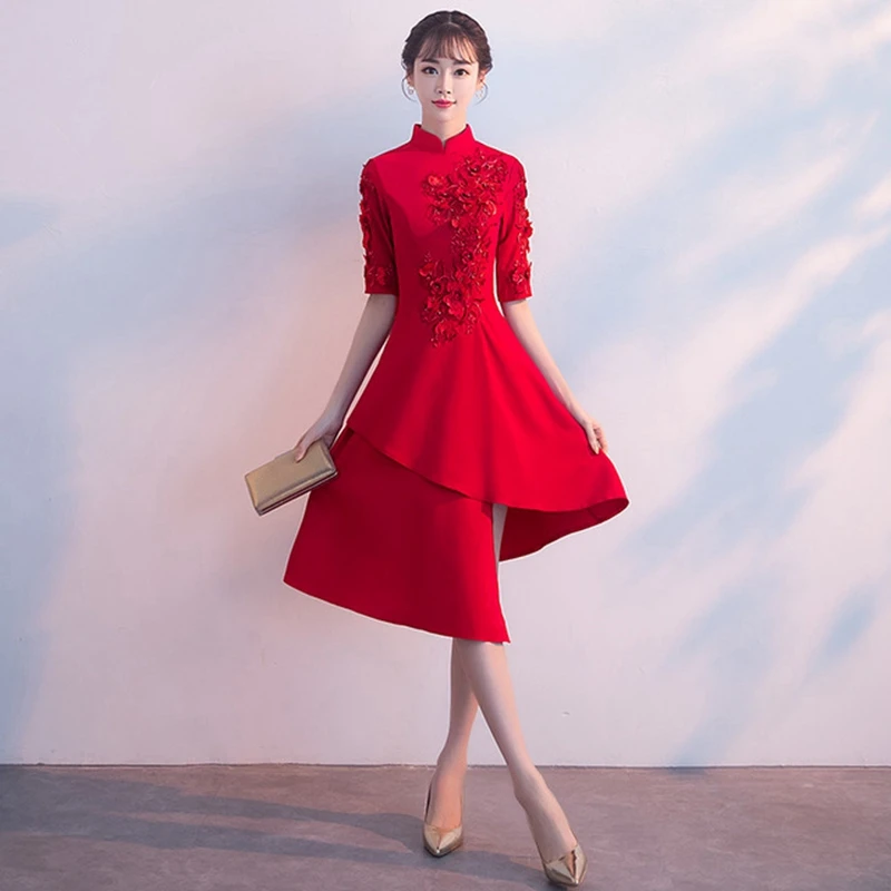 Китайское свадебное платье cheongsam вечернее платье юбка женская Банкетная осенняя и зимняя красная Свадебная Современная обычно ноская - Цвет: red 1