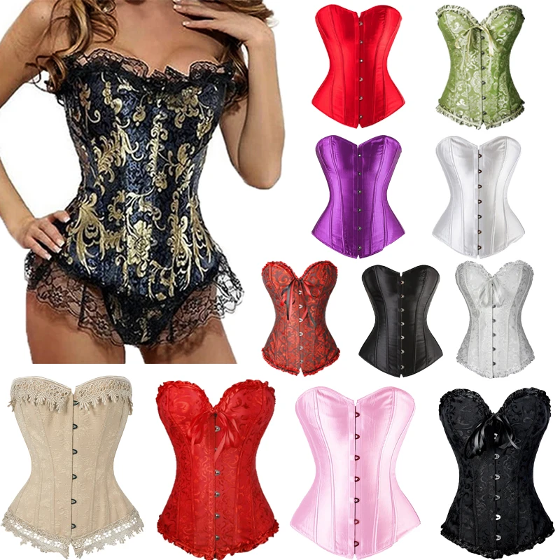 women's lacing corset top satin floral boned overbust body shaper bustier