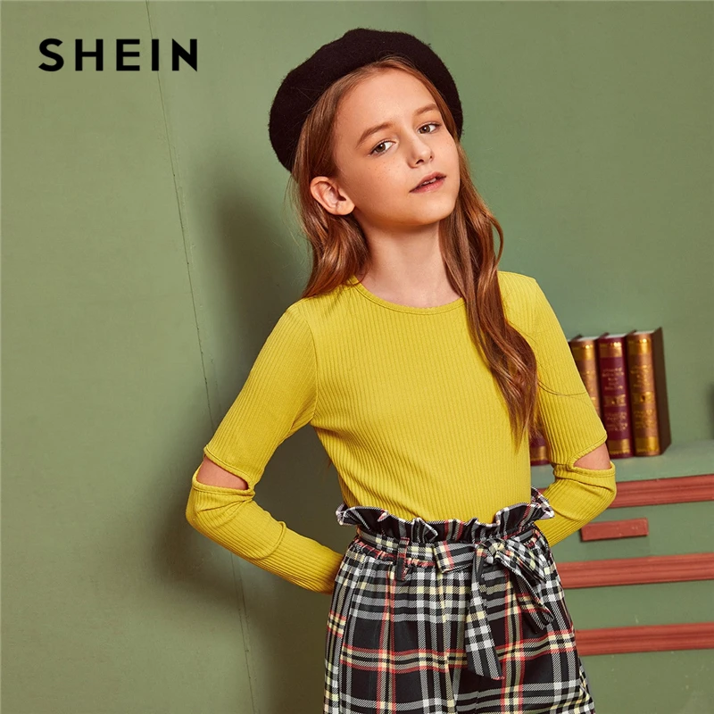 SHEIN Kids/желтая однотонная трикотажная Повседневная футболка в рубчик с открытым рукавом, детский топ, г. Осенние базовые Детские футболки с длинными рукавами и вырезами