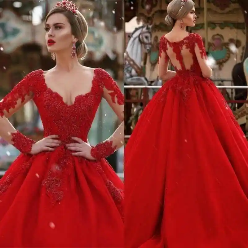 2020 Nuevo Vestido De Novia Rojo De Manga Larga Una Linea Ilusion Espalda Rebordada Vestidos De Novia Sexy Con Cuello En V Vestidos De Fiesta Formales Aliexpress