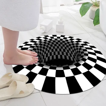 

3D Visual Illusion Shaggy Rug For Bedroom Black White Plaid Round Rugs 3D Visual Vortex Optical Illusions Anti-Slip Floor Mat