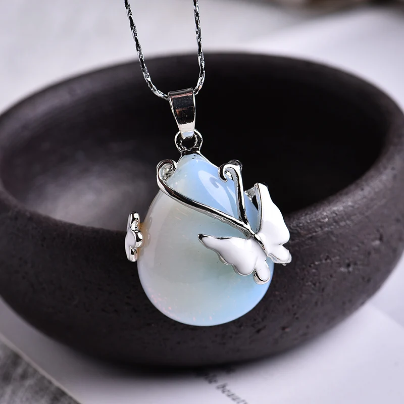 Opal 1 шт. натуральный кристалл минеральный орнамент бабочка капля кулон аура точка пара подвески, ожерелья DIY подарок ювелирные изделия - Цвет: Opal