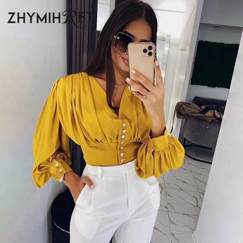 ZHYMIHRET, женская футболка с глубоким v-образным вырезом и рюшами, весна, элегантный короткий топ с рукавами-фонариками и пуговицами, свободная футболка, женская уличная одежда