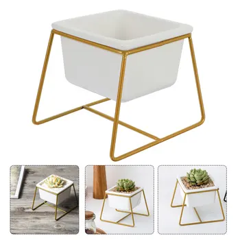 

1 Set Simple Flowerpot Ceramic Planter with Iron Rack Succulent Flowerpot