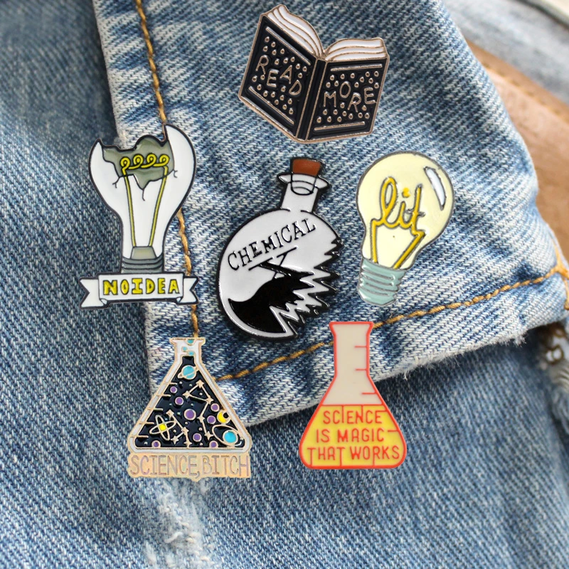 

Magic Science enamel pin Light bulb No Idea Chemical Beaker badge brooch Lapel pin Denim Jeans shirt bag Cartoon Jewelry Gift