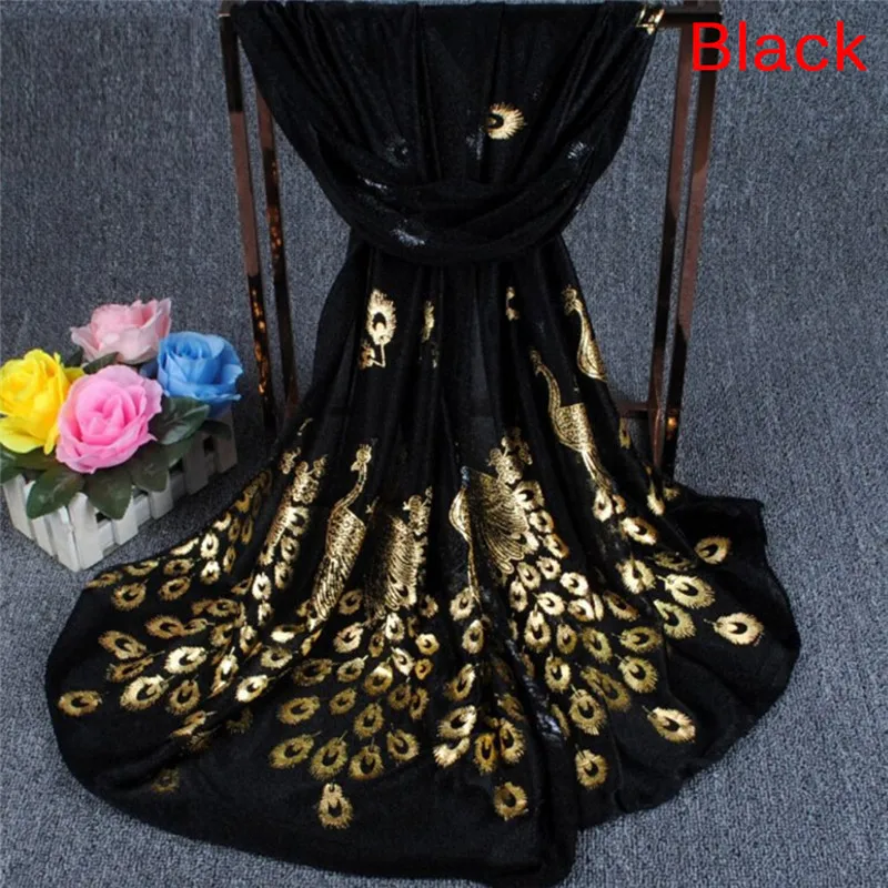 New Fashion High quality Girl Long Silk Scarves Soft Gold Peacock Chiffon Wrap Shawl Pashmina Scarves 2