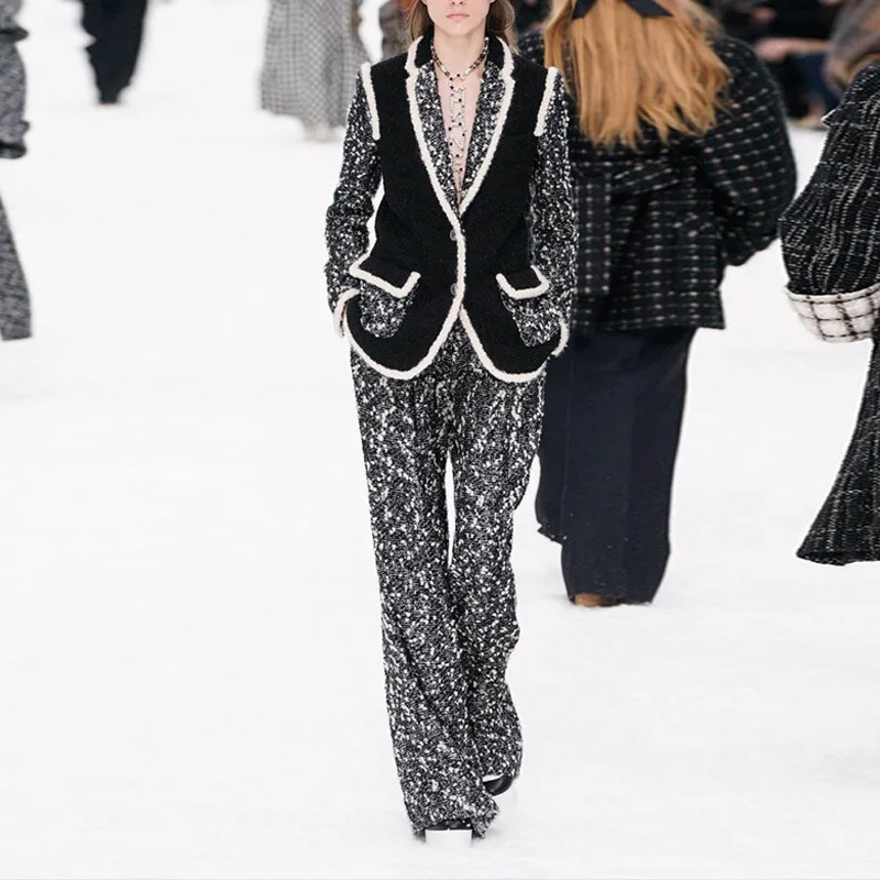 

2019 autumn and winter new women's black and white tweed color matching jacket + wide leg pants temperament suit