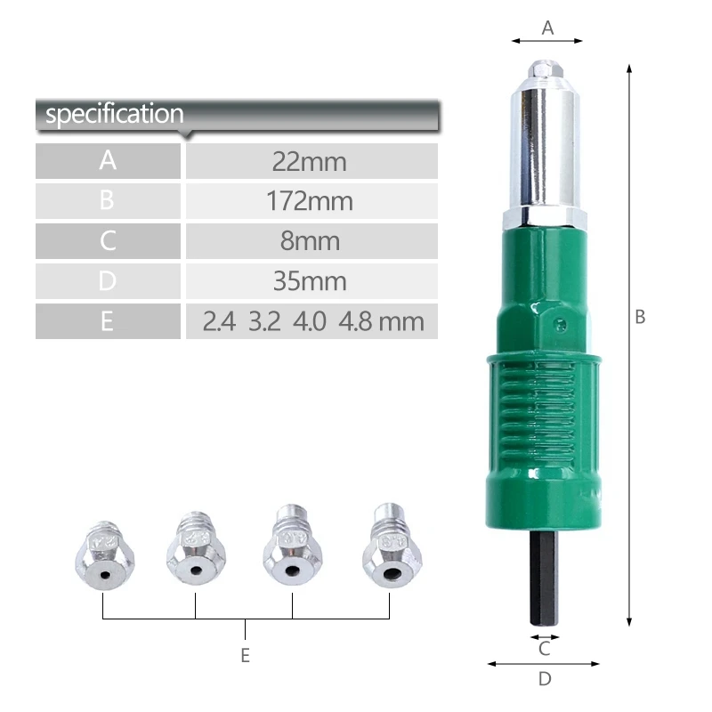 Акция-набор адаптеров для дрели с заклепками 2,4 мм/3,2 мм/4,0 мм/4,8 мм, набор адаптеров для клепальщиков из цельного алюминия для электроинструмента, беспроводная вставка Nu