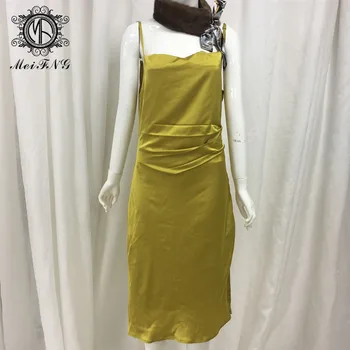 

Women Slim Vintage Party Dress Summer Condole Belt Yellow Lady Dress