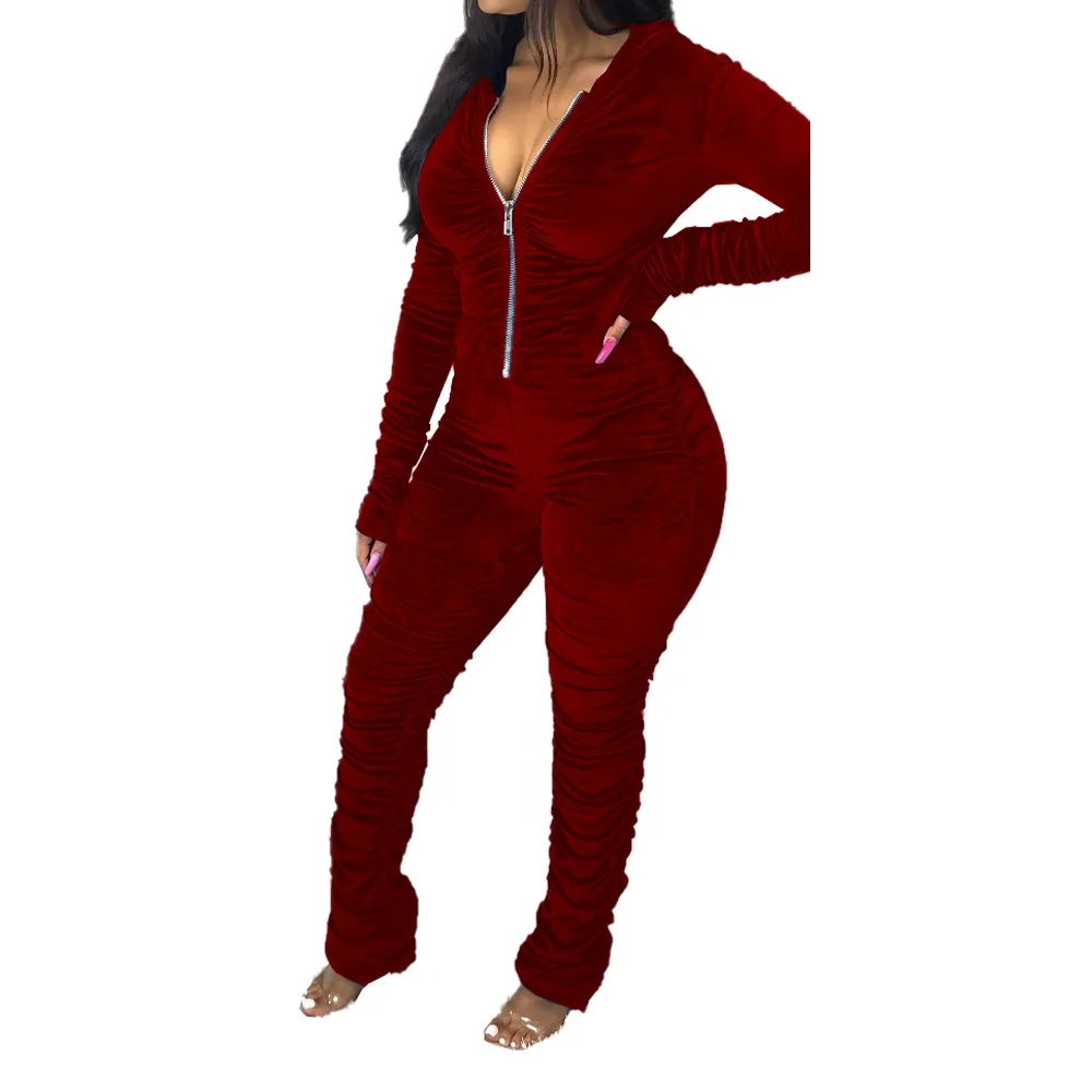 

Elegant Velvet Ruched Rompers Womens Jumpsuit Sexy Zipper Long Sleeve Cap Stacked Pants Christmas Festival Body Jumpsuit Women