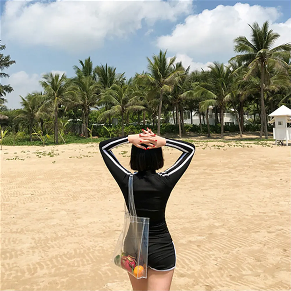 Long Sleeve Two Piece Rash Guard Women Solid Swimwear Zipper Tankini Shorts Surfing Suit Striped Dive Suit Push Up Swimsuit Pad