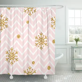 

Christmas Gold Snowflake Golden Snowflakes on Pink and White Zig Zag Winter Snow Symbol Holiday New Year Shower Curtains