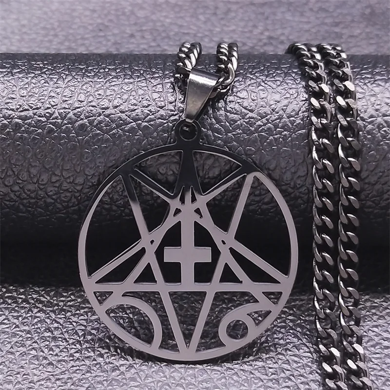 Stainless Steel Inverted Cross Occult Pentagram Chain Necklace Black Color Satanic Gothic Satan Necklaces Jewelry N1159S06
